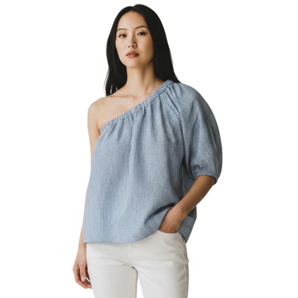 Loft Blue Stripe One Shoulder Top Medium Petite NWT Linen Blend Puff Sleeve